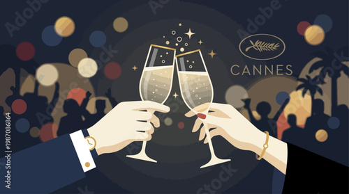 Elegant hands clinking champagne glasses at glamorous Cannes night party with festival crowd, palm silhouettes and sparkling lights, symbol of luxury celebration, cinema glamour and Riviera nightlife.