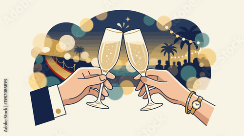 Elegant hands clinking champagne glasses at glamorous Cannes night party with festival crowd, palm silhouettes and sparkling lights, symbol of luxury celebration, cinema glamour and Riviera nightlife.