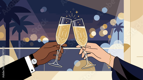 Elegant hands clinking champagne glasses at glamorous Cannes night party with festival crowd, palm silhouettes and sparkling lights, symbol of luxury celebration, cinema glamour and Riviera nightlife.