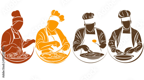 Stylized illustrations of chefs preparing food, in different colors and set within round frames