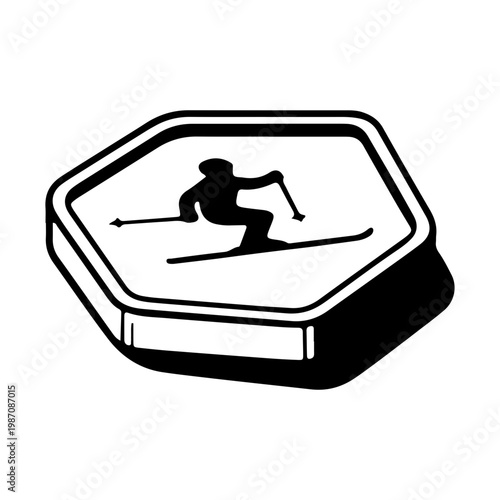 Skiing Icon Hexagonal Badge Black and White Illustration
