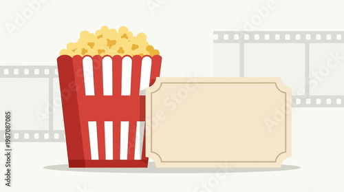 Vintage style popcorn bucket and cinema tickets with film strip background inspired by Cannes film festival, symbol of movie premiere, entertainment industry and luxury cinema experience illustration.