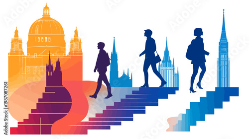 Silhouettes of people walking up stairs past buildings, with color gradient background