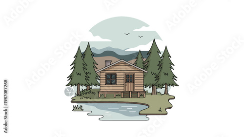 A small wooden cabin surrounded by pine trees and a stream in a mountainous landscape