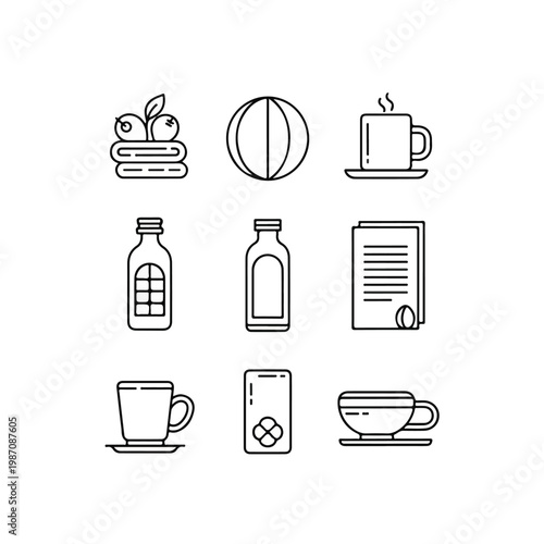 Food and drink icons including burger apple sandwich tennis ball coffee