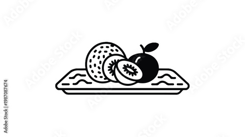 black and white line drawing of fruit on a plate