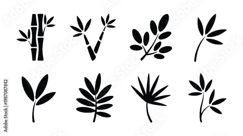 Black silhouette plant icons with leaves and stems on white background