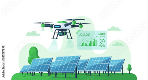 Drone inspects solar panels, analyzing energy production data on futuristic screen