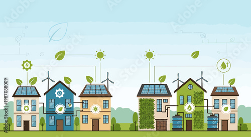 Eco-friendly houses with solar panels and wind turbines, sustainable energy concept