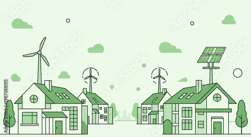 Eco-friendly houses with solar panels and wind turbines, sustainable energy concept