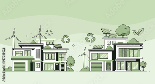 Eco-friendly houses with solar panels and wind turbines, sustainable living concept