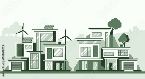 Eco-friendly houses with solar panels and wind turbines, sustainable urban living concept