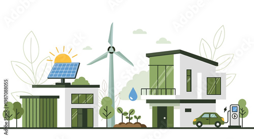 Eco-friendly modern houses with solar panels, wind turbine, electric car charging, and lush greenery