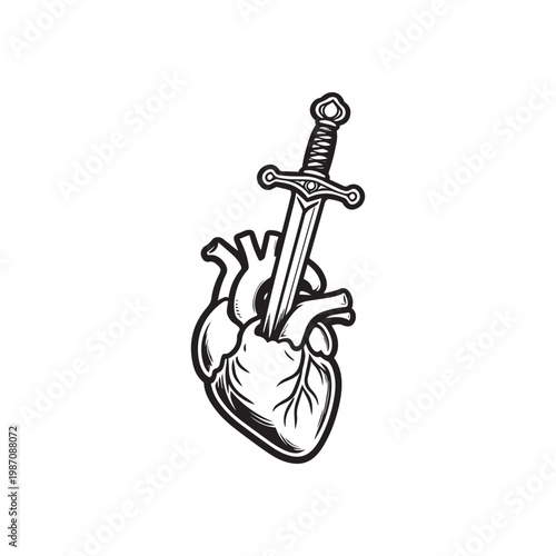 Classic American Traditional Dagger Piercing Heart Tattoo Design Black and White Vector. 