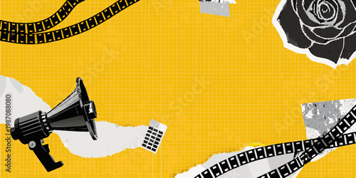 A vibrant collage featuring film a megaphone and floral elements