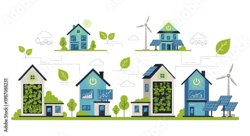 Green energy smart homes with solar panels and wind turbines, eco-friendly living concept