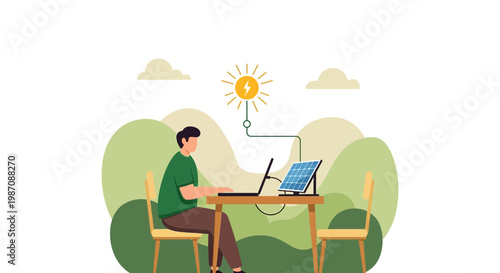 Man working on laptop powered by solar energy in nature