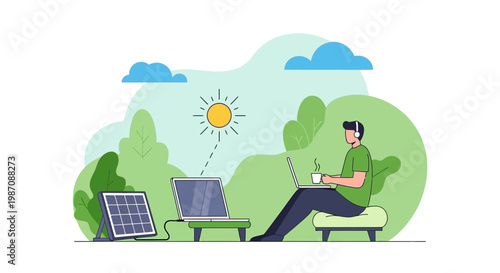 Man working remotely outdoors with solar-powered laptop and coffee