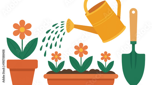 cartoon flowers in pots with watering can and shovel
