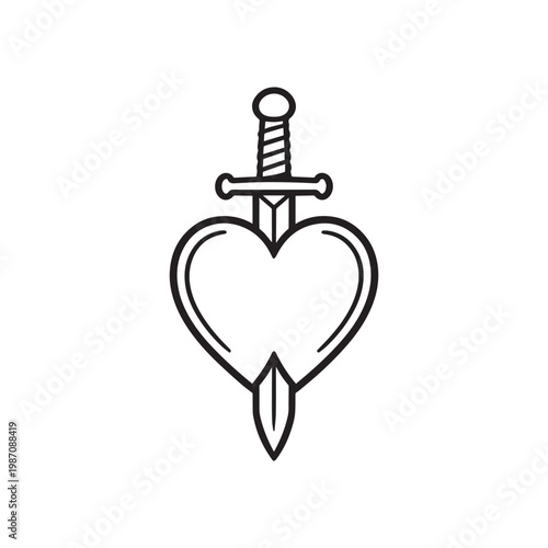 Classic American Traditional Dagger Piercing Heart Tattoo Design Black and White Vector. 