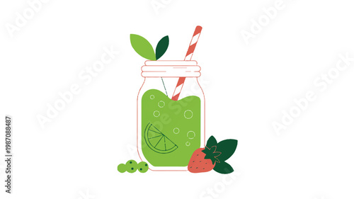 cartoon green smoothie in a mason jar with fruit and straw