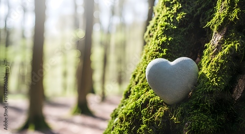 Heart-shaped stone resting on a mossy tree trunk in a sun-dappled forest, symbolizing love and nature, with a blurred background of trees and soft, diffused light.