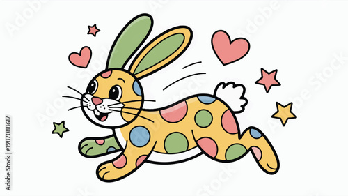 Cartoon rabbit with colorful polka dots and hearts flying around