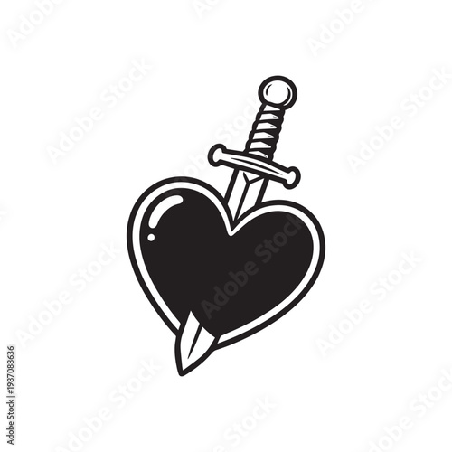 Classic American Traditional Dagger Piercing Heart Tattoo Design Black and White Vector. 