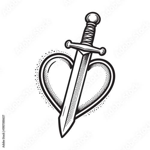 Classic American Traditional Dagger Piercing Heart Tattoo Design Black and White Vector. 