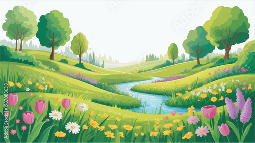 cartoon landscape with a river and flowers in the foreground hills and trees in the background