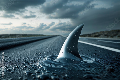 Shark fin surfacing through a puddle on an endless road under a dark sky, representing hidden danger