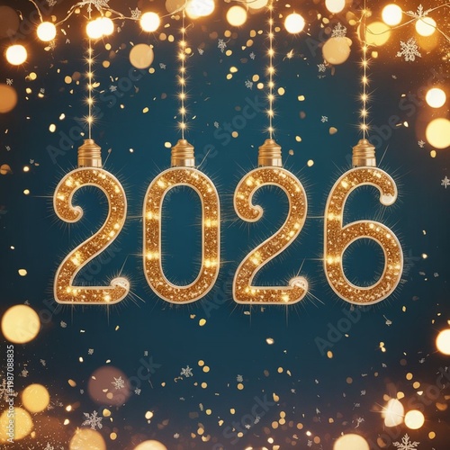 A festive and modern illustration of the year 2026 with sparkling golden lights and snowflakes on a dark blue background.