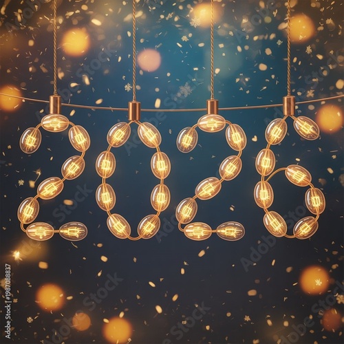 A festive light installation spelling out 2025 in glowing bulbs against a dark background with confetti and sparks.