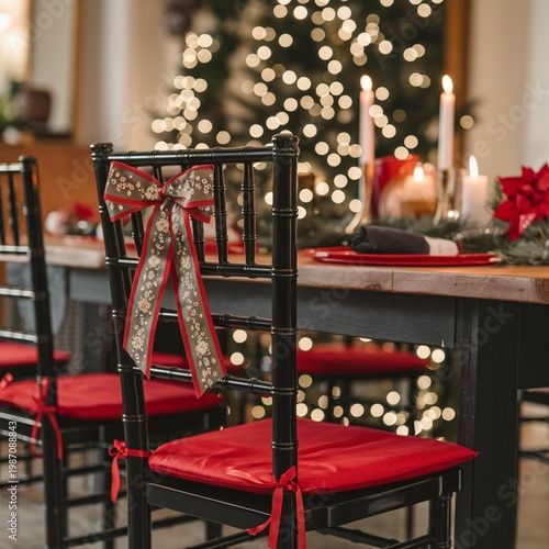 A beautifully decorated dining room table set for Christmas dinner with red chairs and a lit tree in the background.
