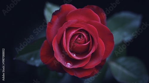 A close-up of a beautiful red rose with water droplets on its petals against a dark background.