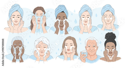 Diverse group of individuals, different ages and ethnicities, demonstrating a refreshing daily facial cleansing routine for healthy, clean skin