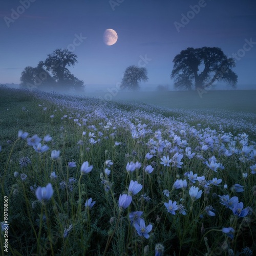 A serene field of purple flowers under a moonlit night sky with silhouetted trees in the background.
