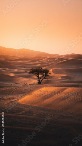 A lone tree stands in the desert sand during a breathtaking sunset