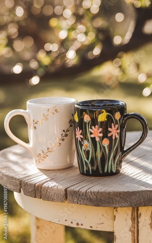 Two colorful ceramic mugs with floral designs sitting on a small wooden table outdoors in a sunny garden