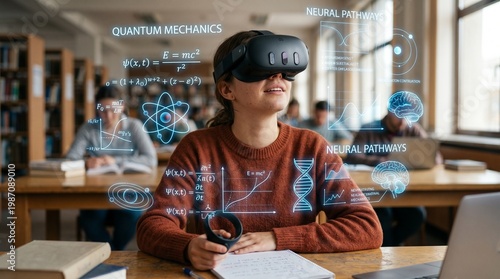 Student wearing a virtual reality headset while learning, subtle expression of curiosity and wonder, soft natural light, floating educational holograms like formulas and diagrams