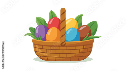 Colorful Easter eggs in a brown wicker basket with green leaves
