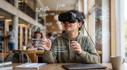 Student wearing a virtual reality headset while learning, subtle expression of curiosity and wonder, soft natural light, floating educational holograms like formulas and diagrams