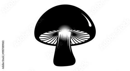 Detailed black-and-white mushroom silhouette with gill and stem details isolated on a plain background.