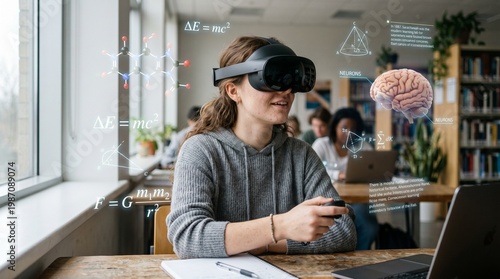 Student wearing a virtual reality headset while learning, subtle expression of curiosity and wonder, soft natural light, floating educational holograms like formulas and diagrams