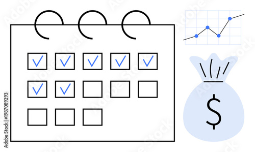 Financial planning, savings, investment tracking, productivity, goal setting, budgeting. A calendar with checkmarks, a money bag and a growth chart. Financial planning and savings concepts
