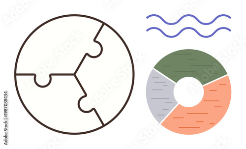Problem-solving, data analysis, global solutions, communication, organizational structure, creative design. A puzzle globe, segmented circular chart and wavy lines. Problem-solving and data analysis