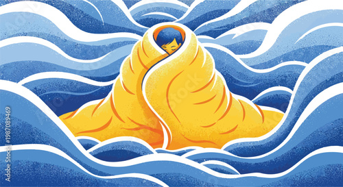 Resilience and hope A solitary figure, wrapped in a warm yellow blanket, floats on turbulent blue waves