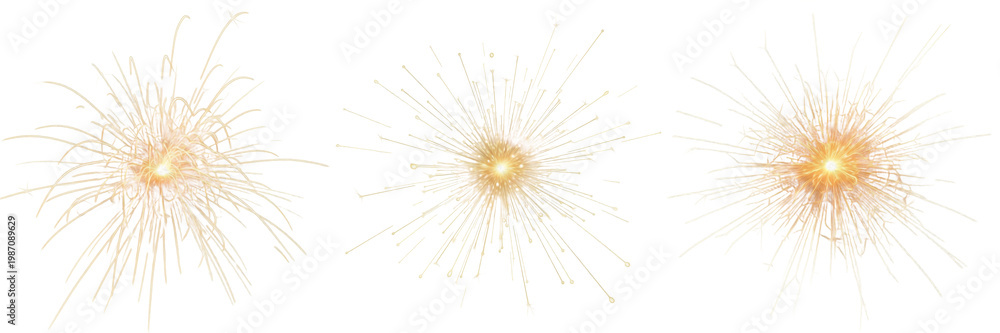 Fototapeta premium Bright Golden Sparkler Light Effect with Shimmering Particles, Festive Celebration Glow for Holidays and Birthdays, Radiant Starburst Graphic Element on White Background