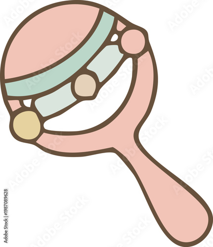 Adorable pink baby rattle toy with mint and yellow accents in pastel tones vector illustration