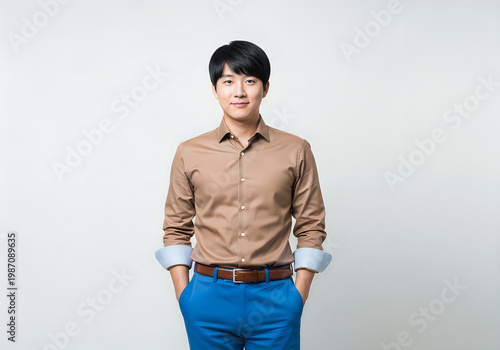 Young asian man standing with hands in pockets smiling at the camera on gray background